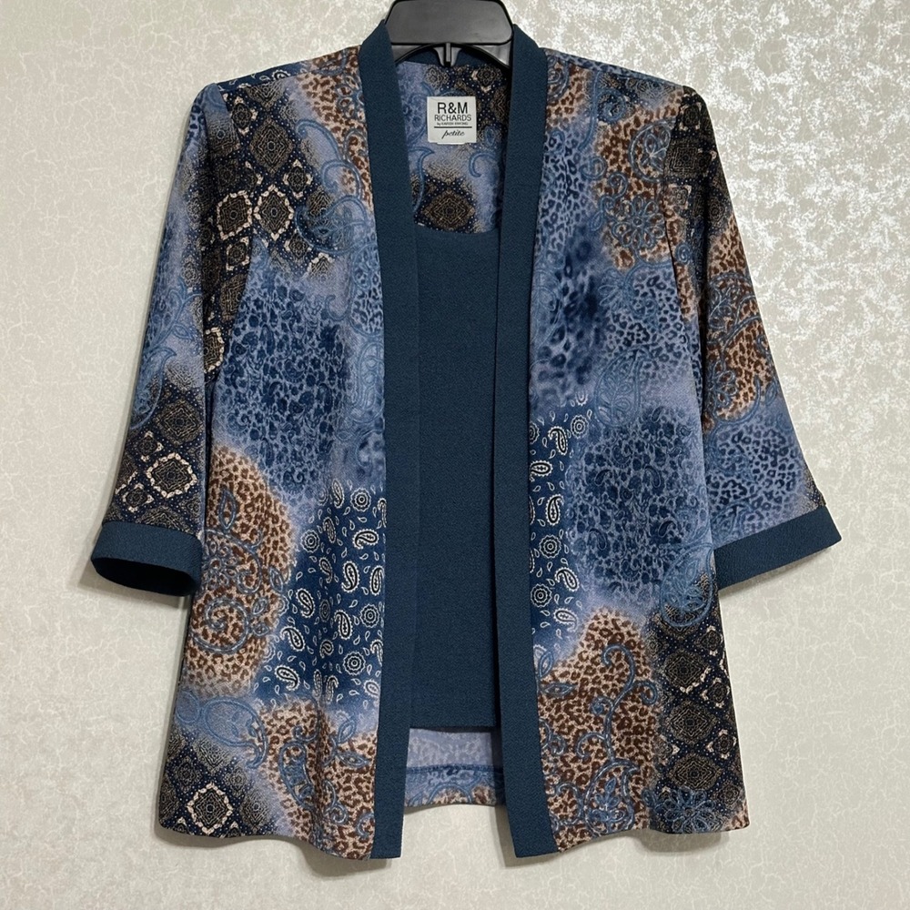 R&M Richards Paisley Animal Print Cardigan Blue Tank Layered Look VTG Petite M